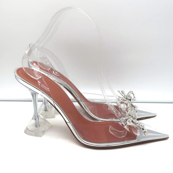 Amina Muaddi Rosie Glass Slingback Pumps Clear PVC Size 38.5 Crystal Bow Heels - Picture 4 of 12